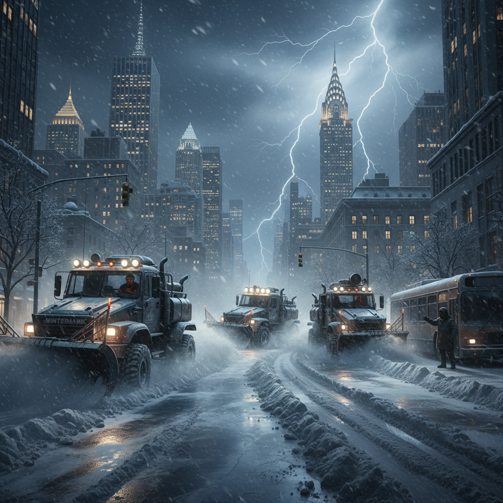 Winter Metropolis: Blizzard at Midnight - Jabali AI Poster
